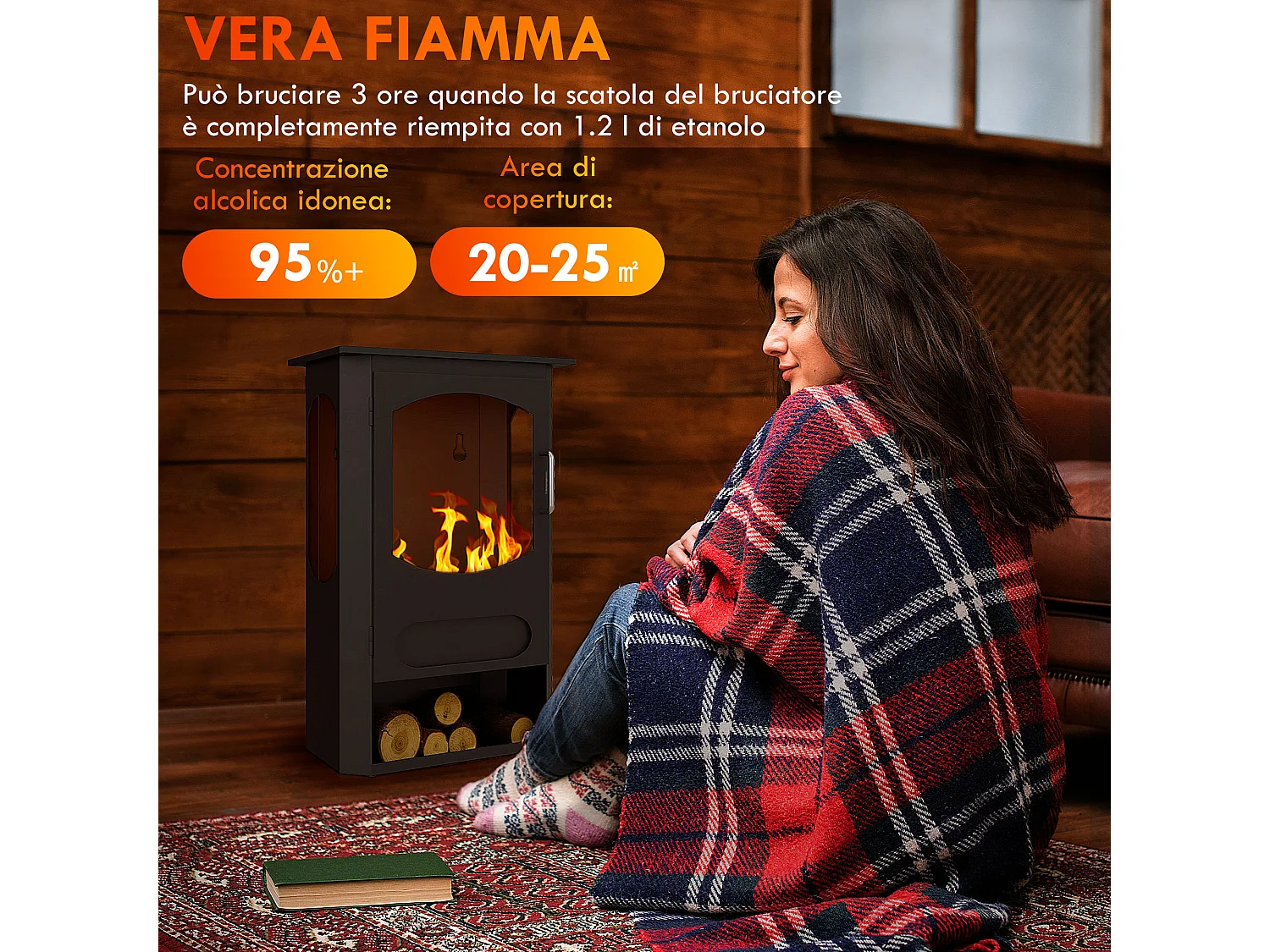 Caminetto bioetanolo con bruciatore 1.2 litri durata 3 ore nero