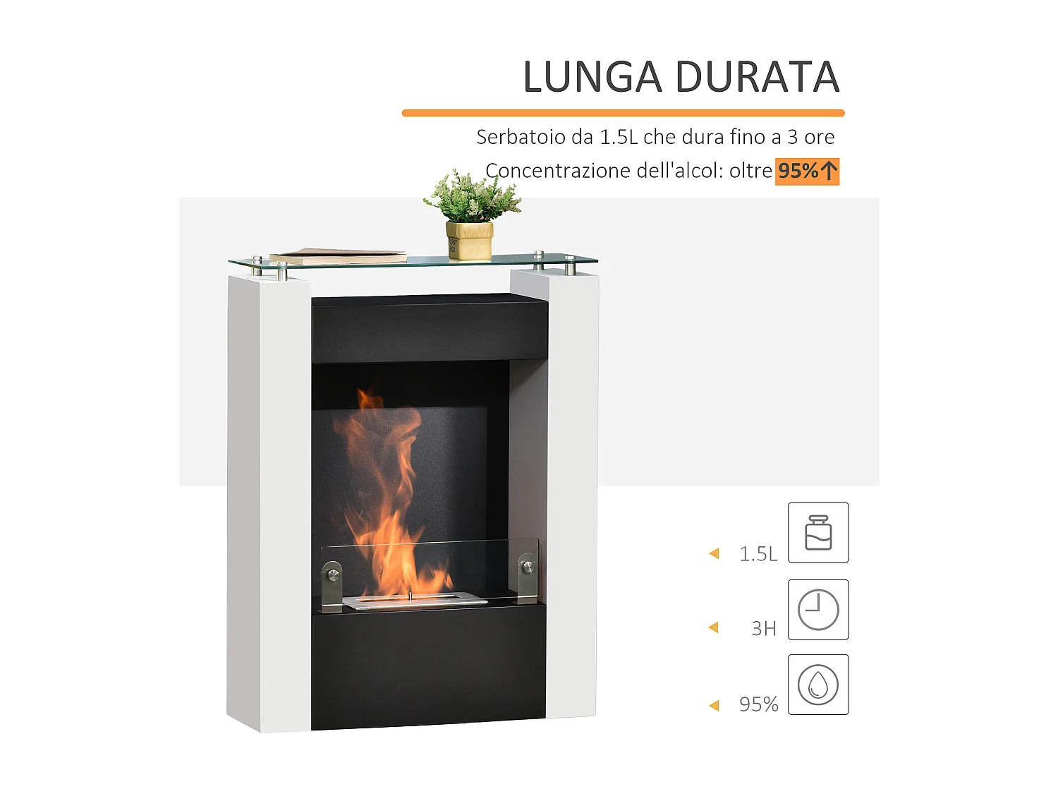 Camino bioetanolo acciaio e vetro serbatoio 1.5l copertura 20m²