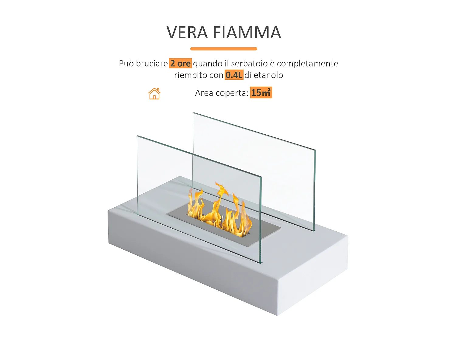 Camino a bioetanolo da tavolo in vetro e acciaio bianco
