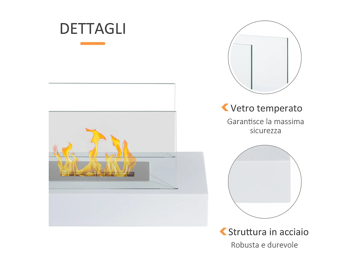 Camino a bioetanolo da tavolo in vetro e acciaio bianco