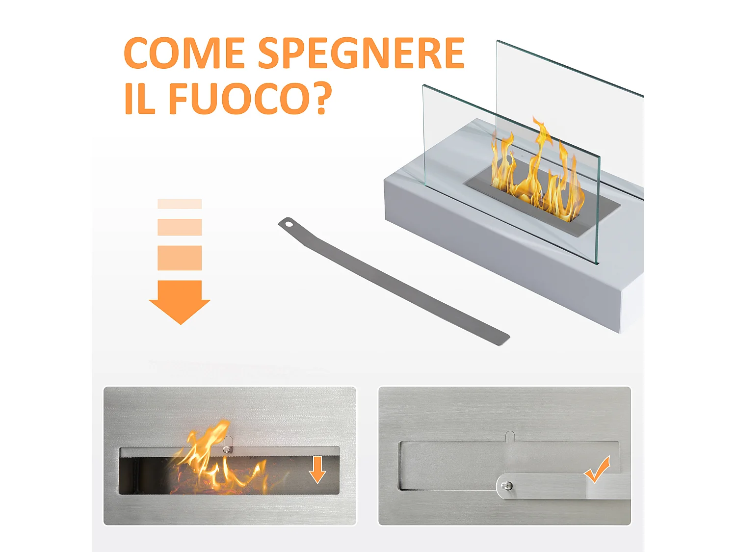 Camino a bioetanolo da tavolo in vetro e acciaio bianco