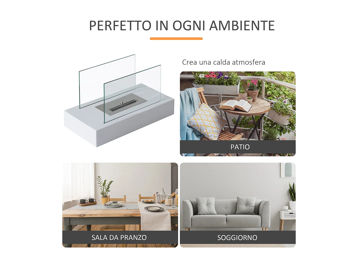 Camino a bioetanolo da tavolo in vetro e acciaio bianco