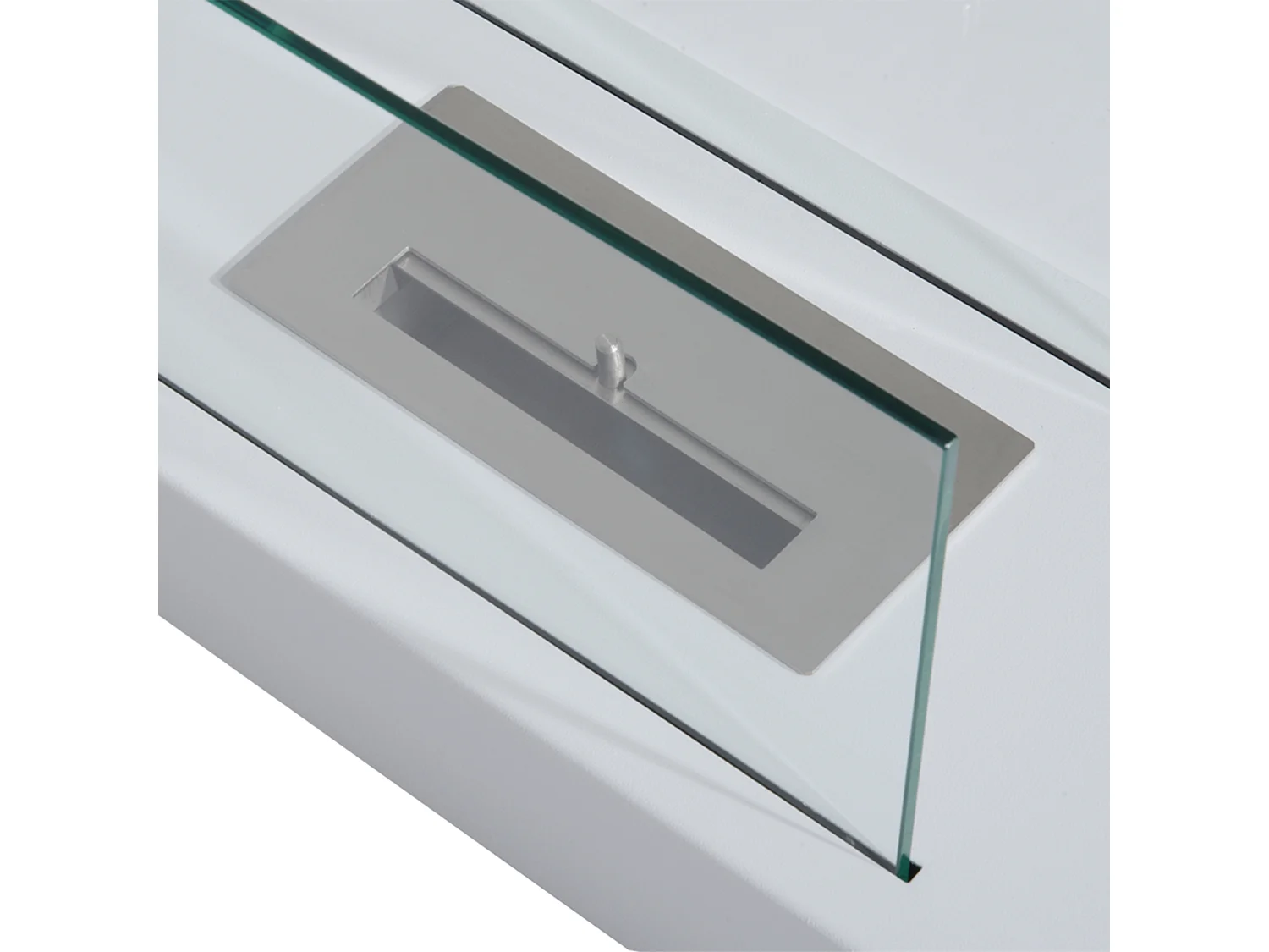 Camino a bioetanolo da tavolo in vetro e acciaio bianco