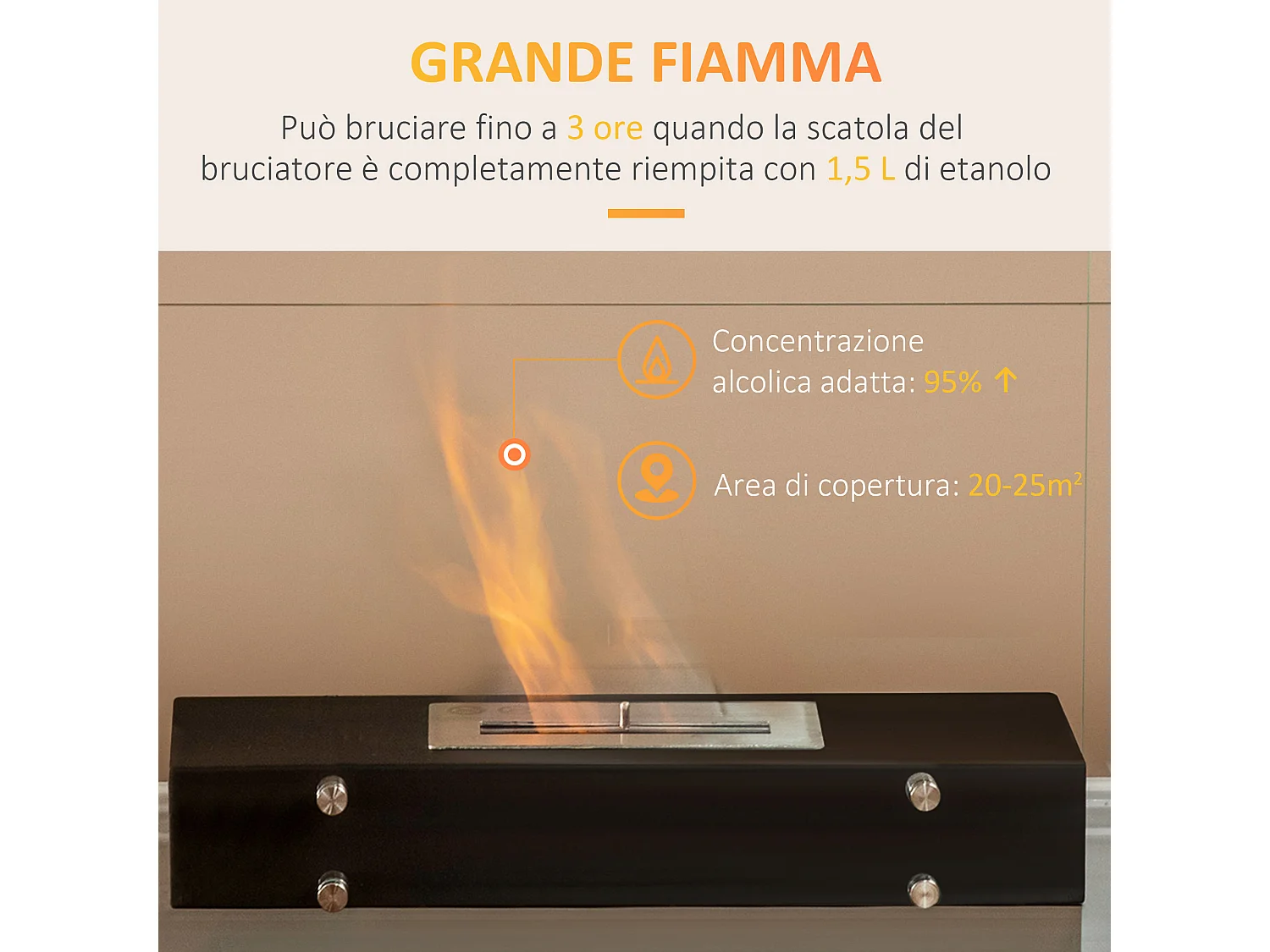 Camino bioetanolo in metallo 3h combustione serbatoio 1.5l nero