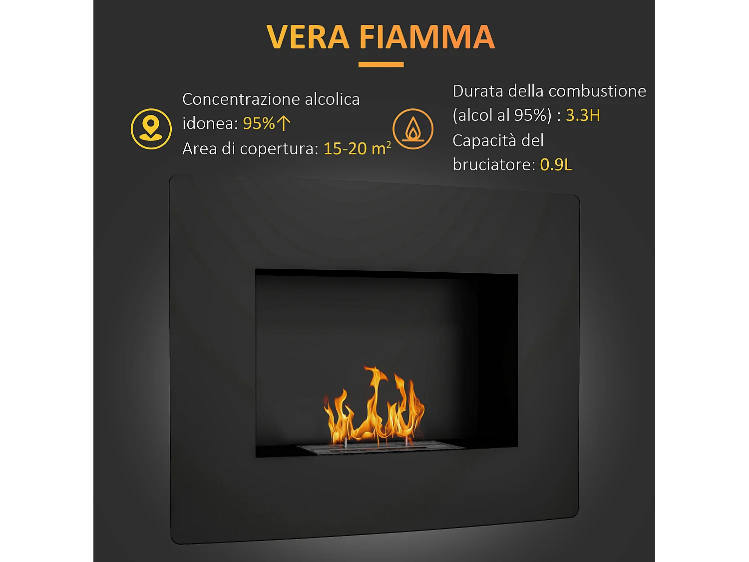 Caminetto a etanolo da incasso capacità 0.9 litri in acciaio nero