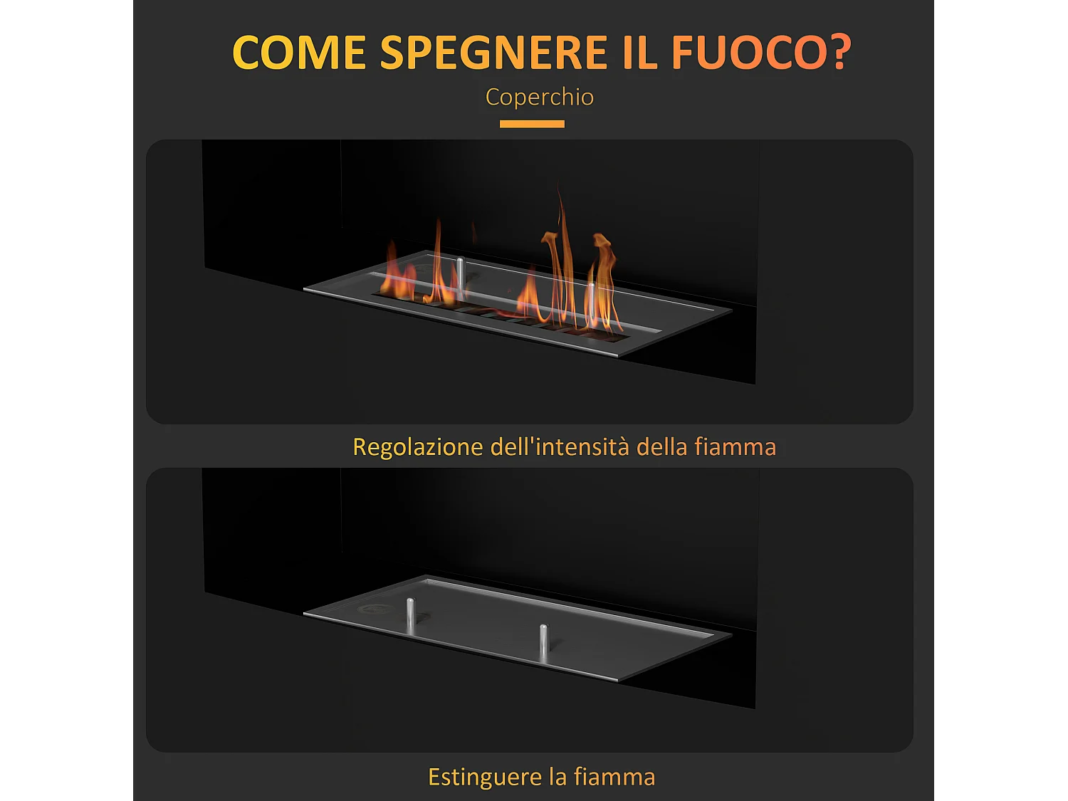Caminetto a etanolo da incasso capacità 0.9 litri in acciaio nero