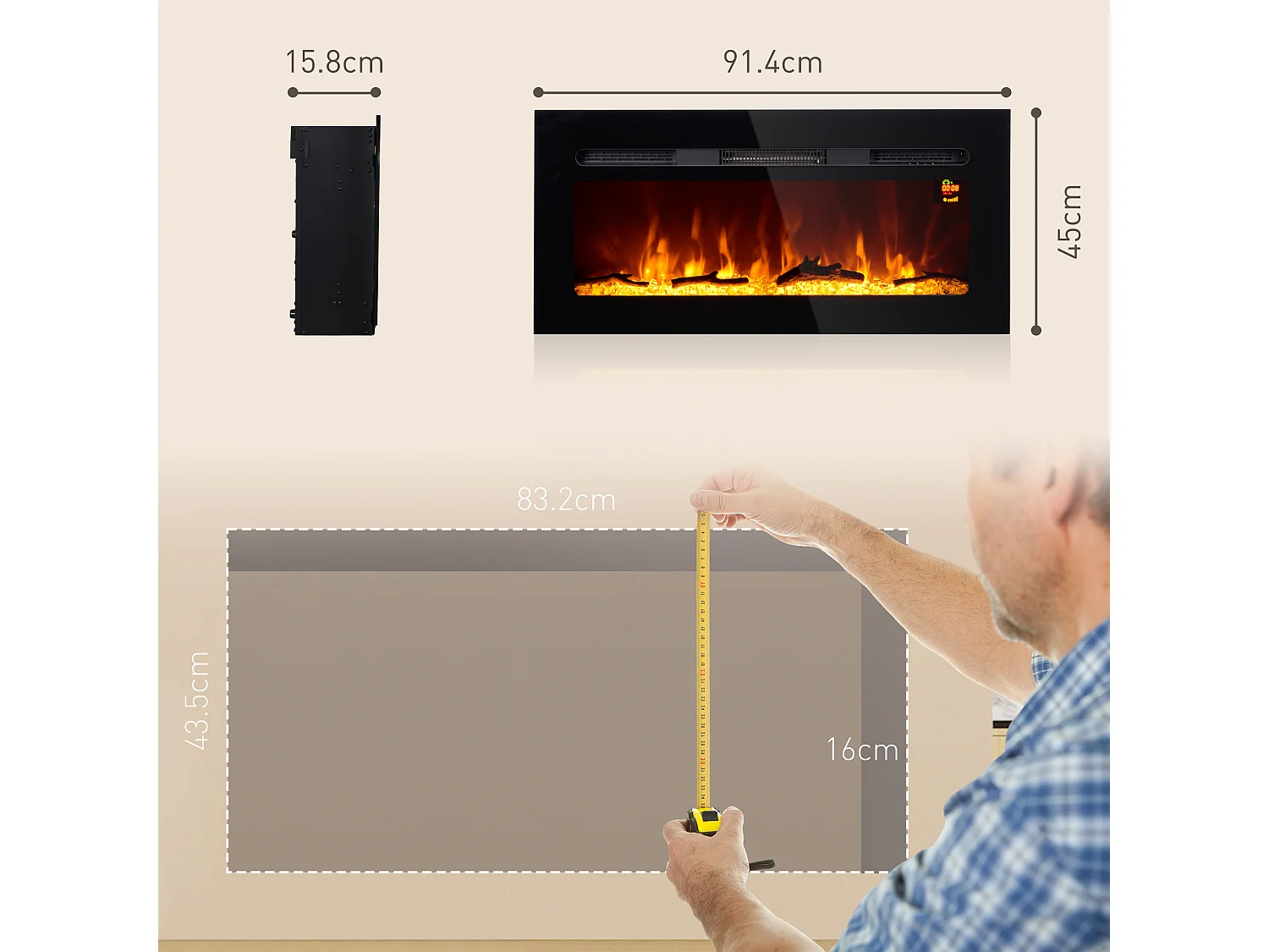 Camino elettrico 1800W a incasso con telecomando 91.4x15.8x45 cm nero