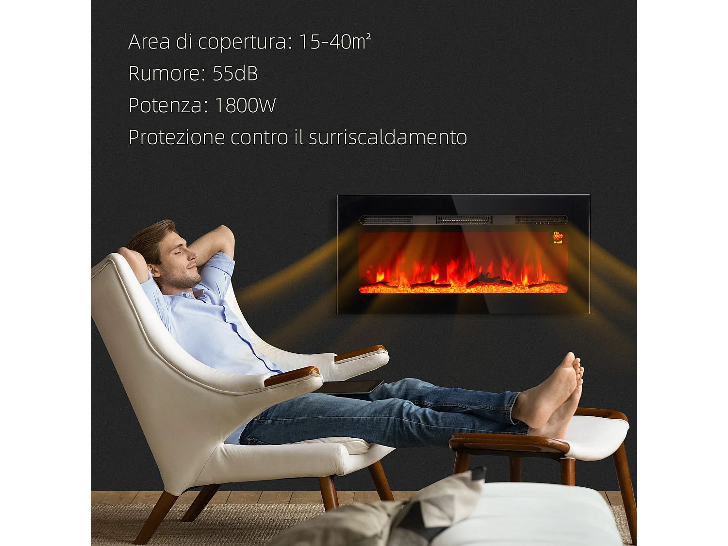 Camino elettrico 1800W a incasso con telecomando 91.4x15.8x45 cm nero
