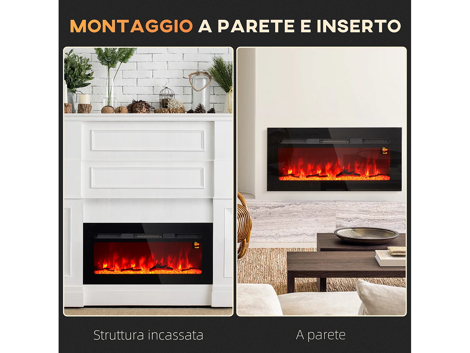 Camino elettrico 1800W a incasso con telecomando 91.4x15.8x45 cm nero