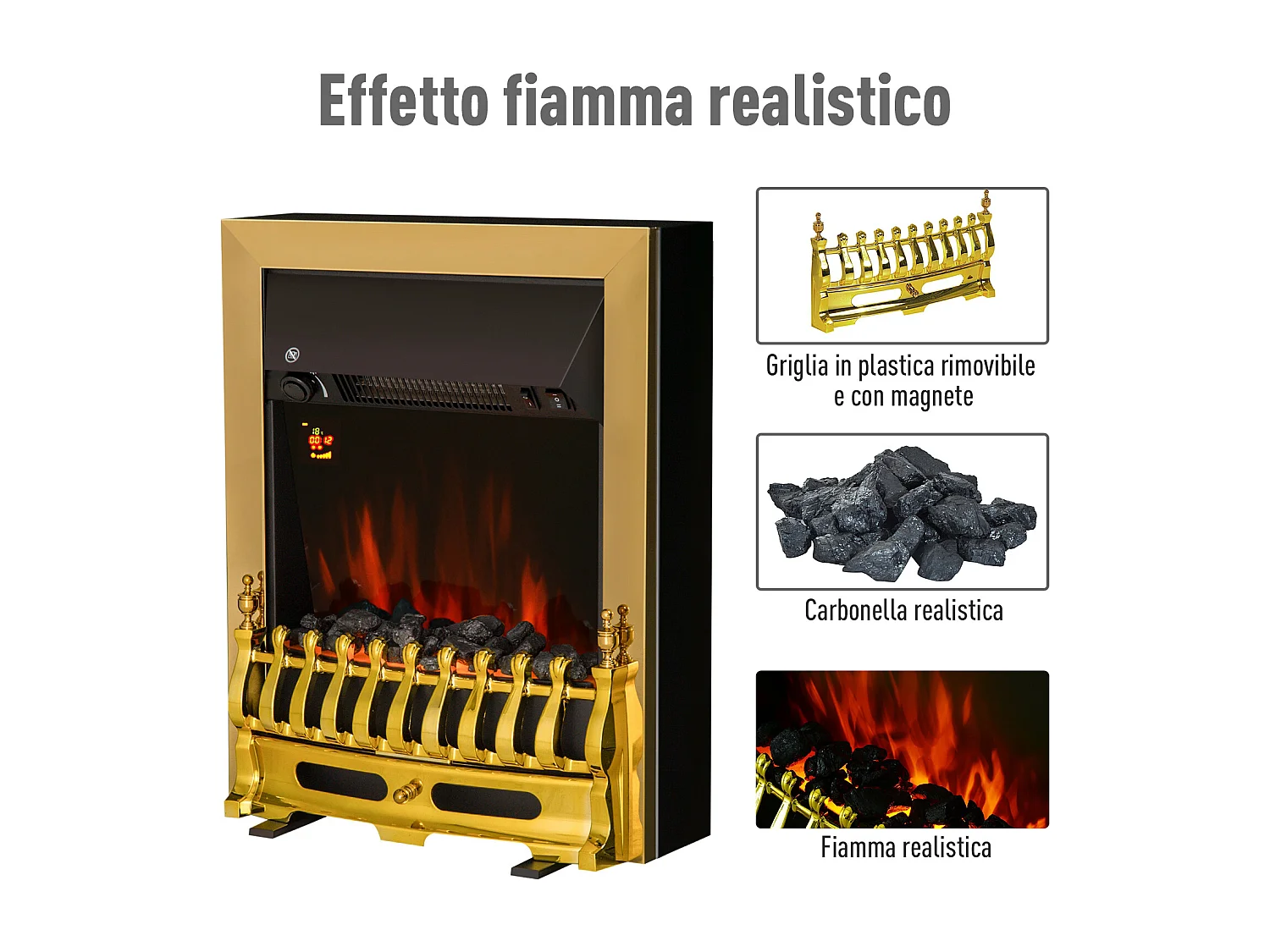 Camino elettrico da incasso o a terra effetto fiamma 1000w/2000w