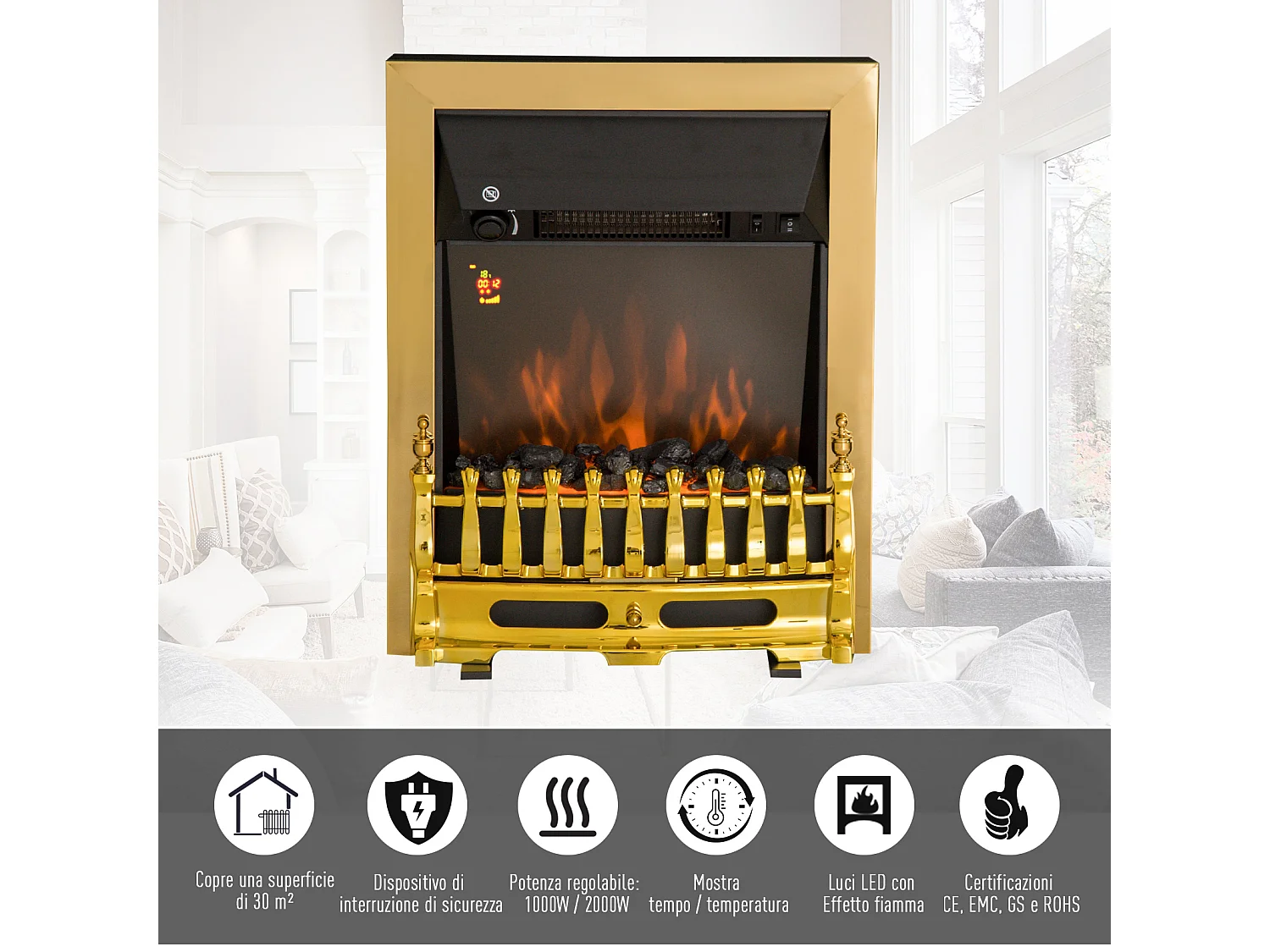 Camino elettrico da incasso o a terra effetto fiamma 1000w/2000w