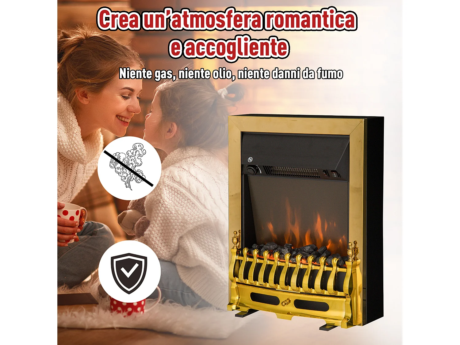 Camino elettrico da incasso o a terra effetto fiamma 1000w/2000w