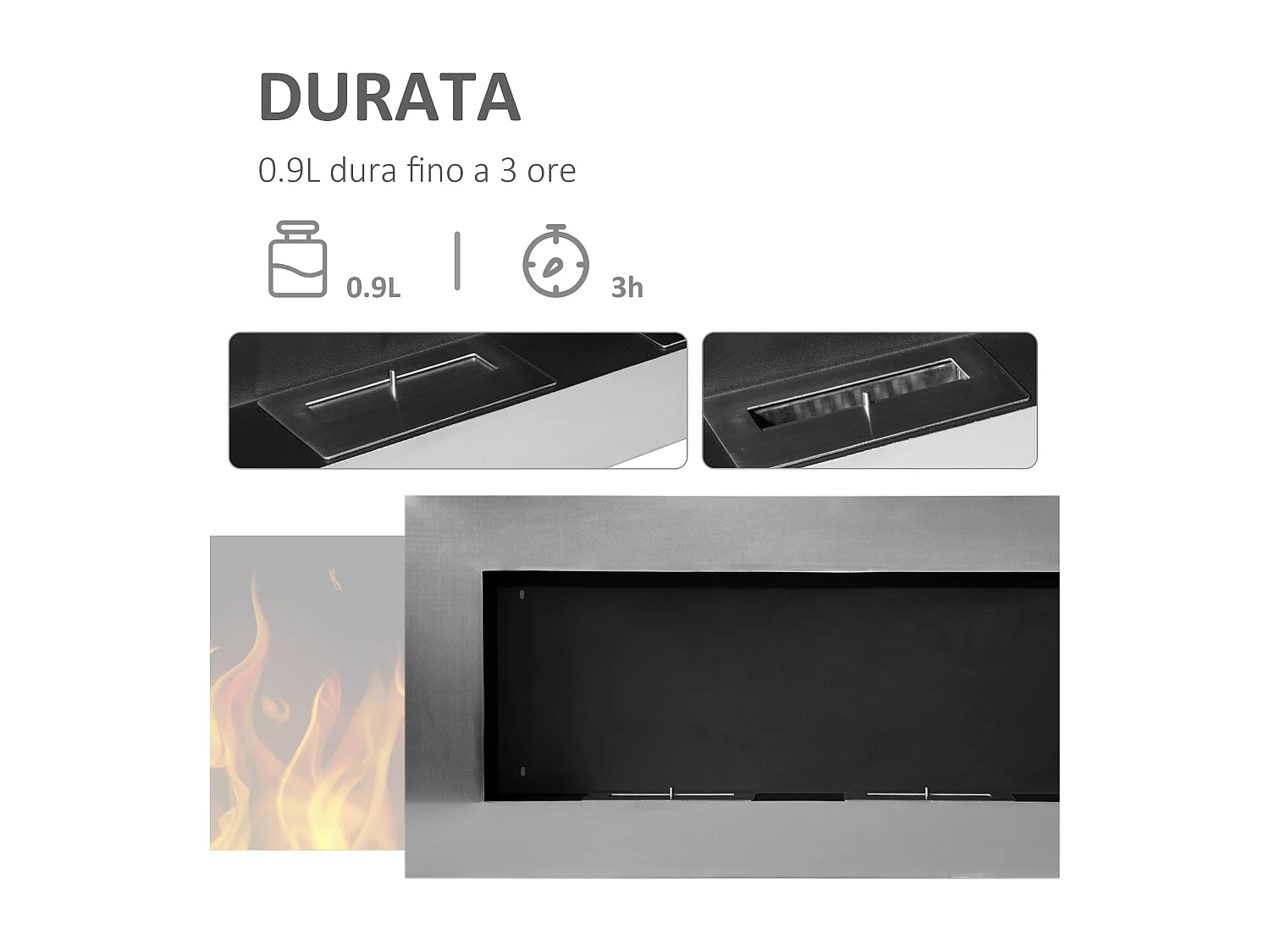 Camino a bioetanolo da parete in acciaio inox con 2 bruciatori 0.9lt