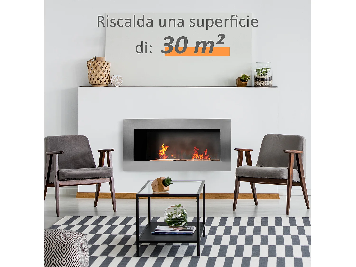 Camino a bioetanolo da parete in acciaio inox con 2 bruciatori 0.9lt