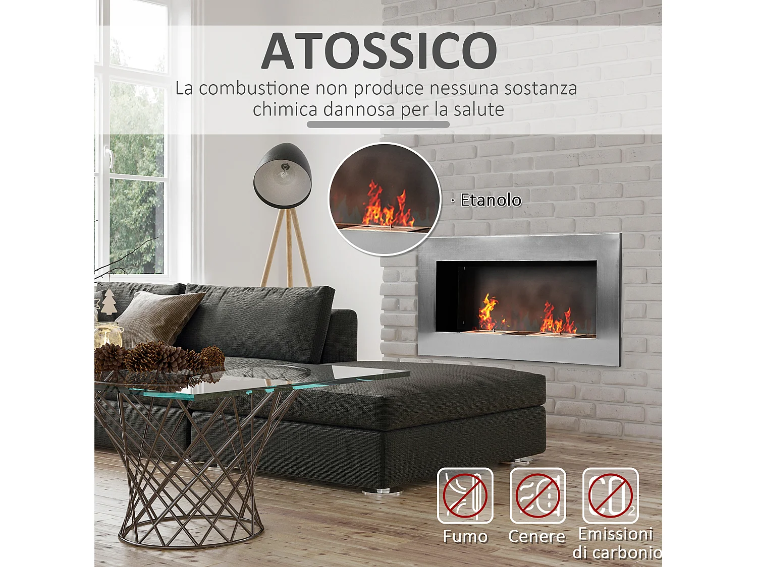 Camino a bioetanolo da parete in acciaio inox con 2 bruciatori 0.9lt