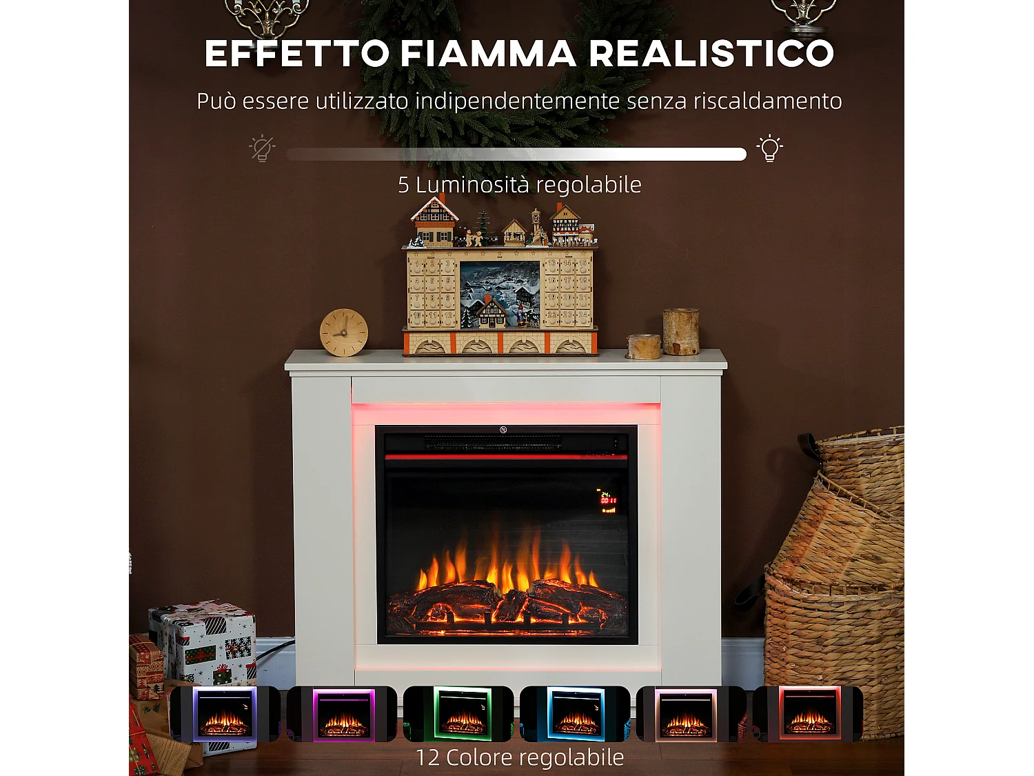 Camino elettrico con fiamma a 12 colori e 5 luminosità 98x25x80 cm