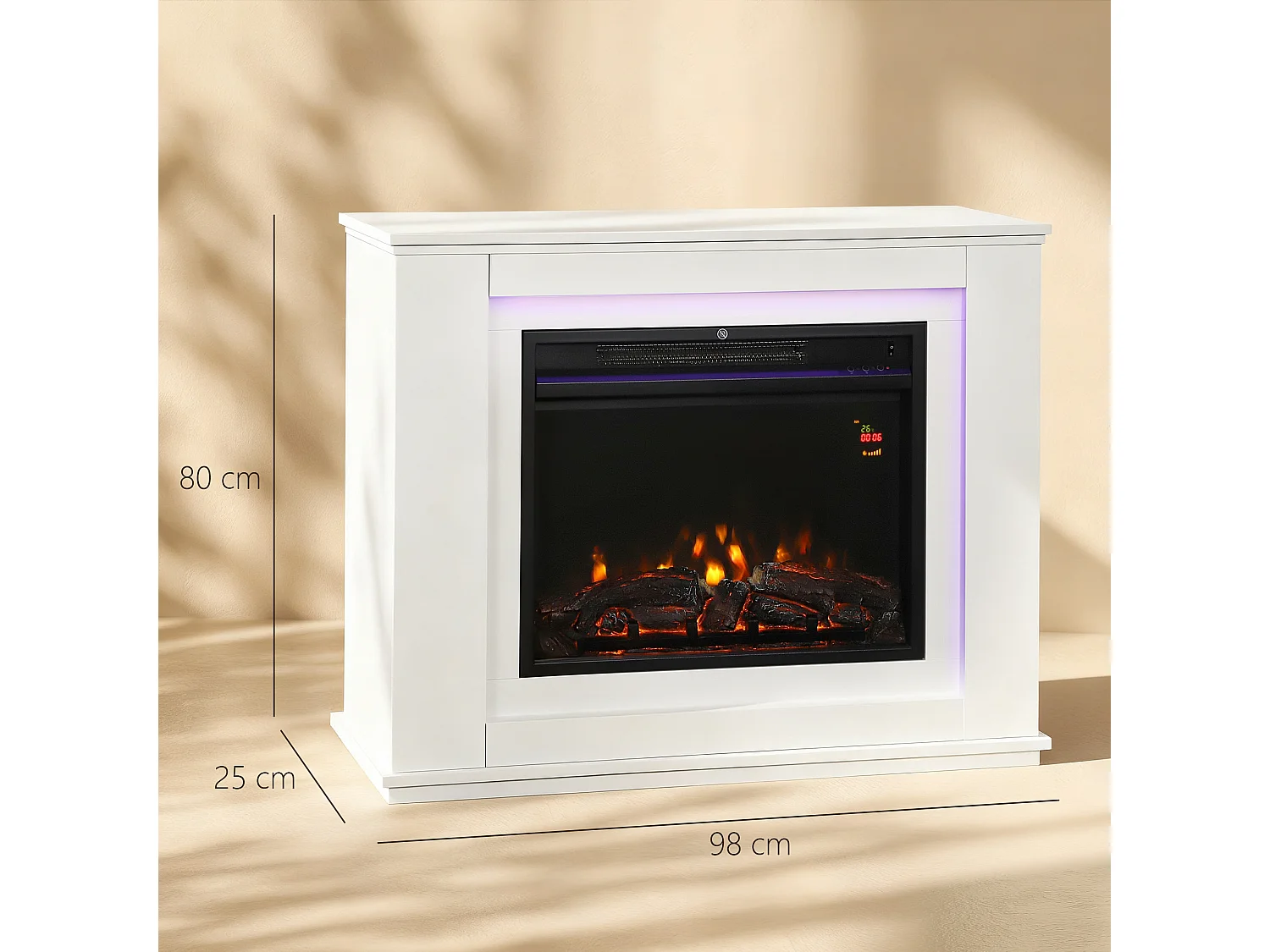 Camino elettrico con fiamma a 12 colori e 5 luminosità 98x25x80 cm