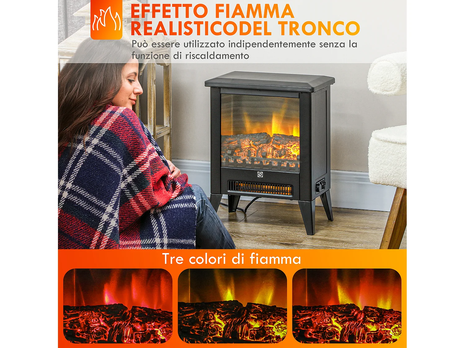 Caminetto elettrico da 1800w con effetto fiamma a 3 intensità nero