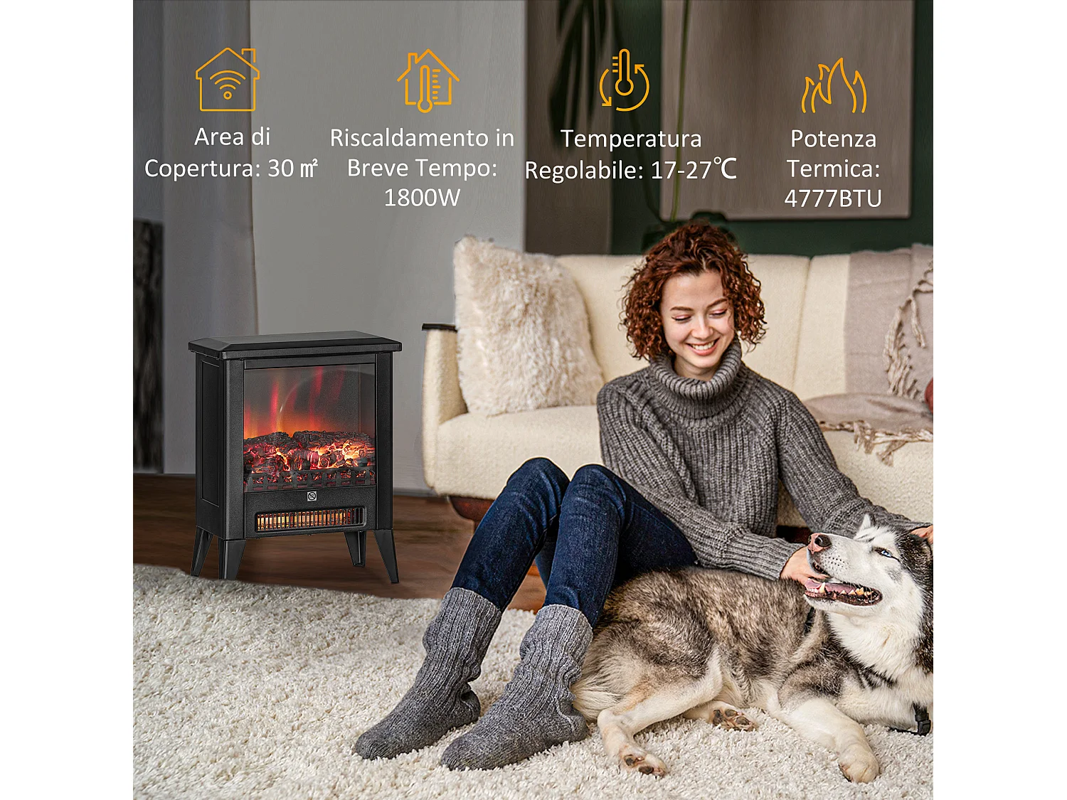 Caminetto elettrico da 1800w con effetto fiamma a 3 intensità nero