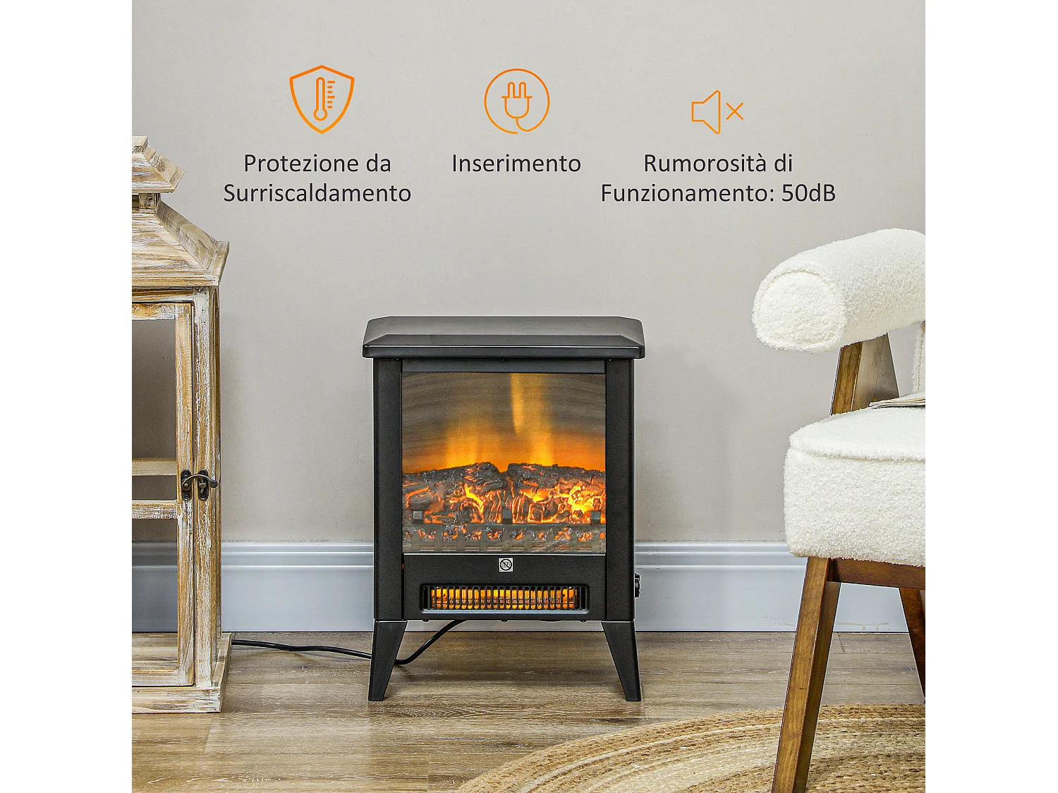 Caminetto elettrico da 1800w con effetto fiamma a 3 intensità nero
