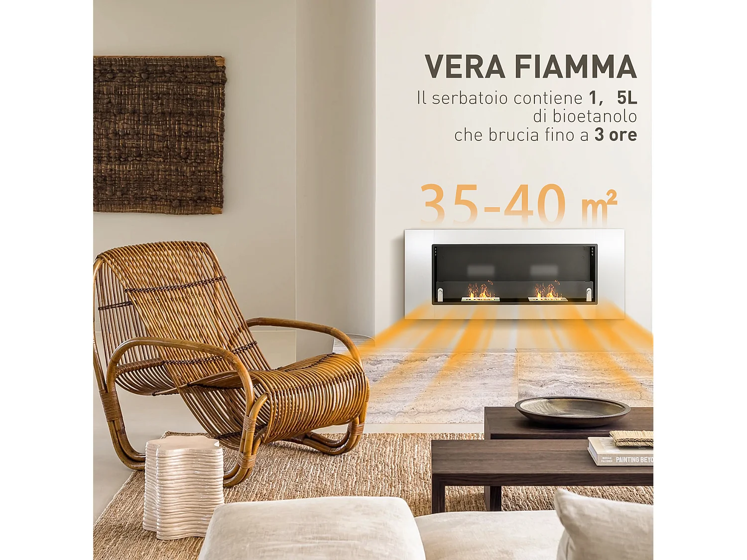 Camino a bioetanolo da parete con 3 serbatoi e coperchio argento nero