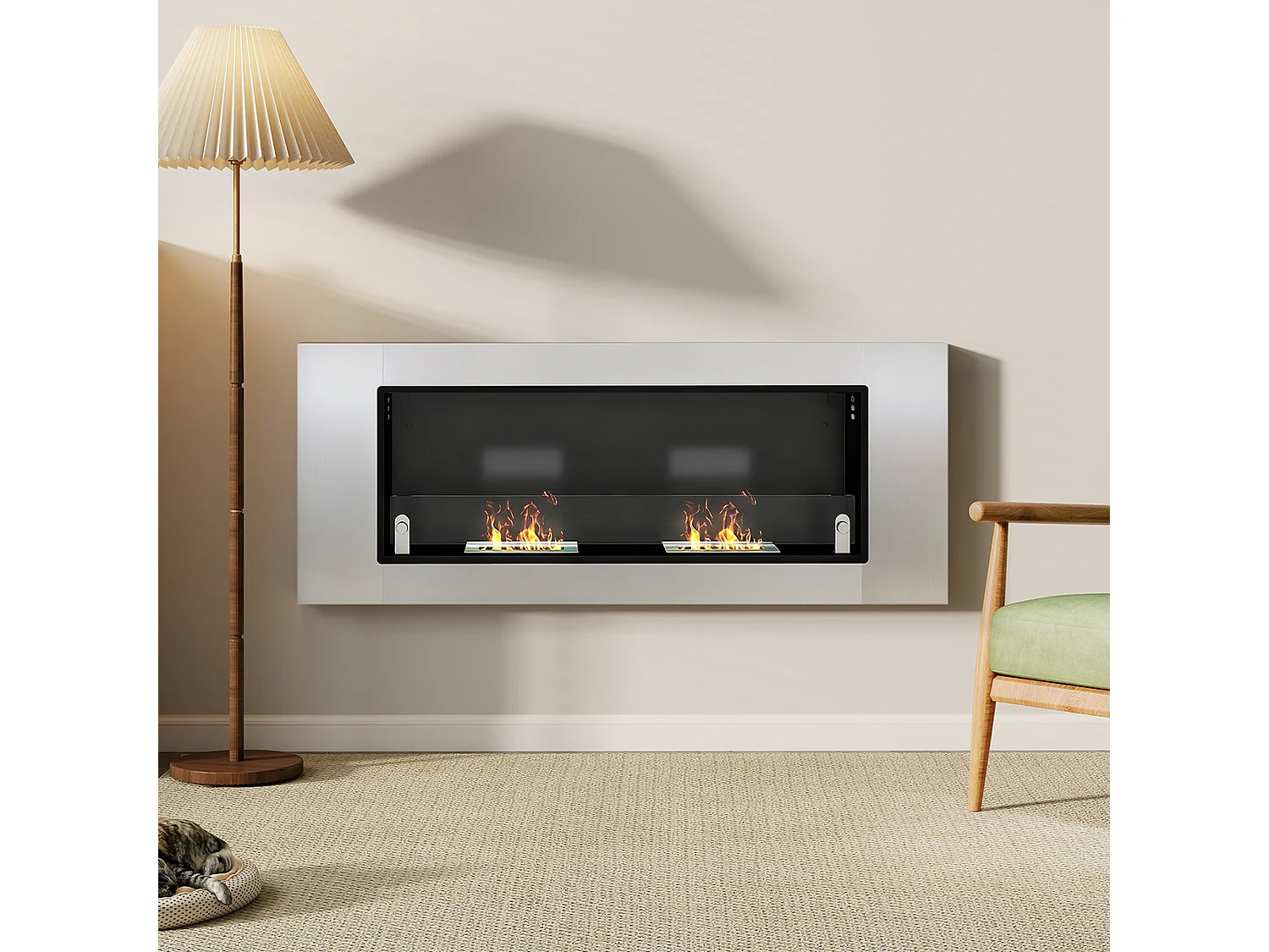 Camino a bioetanolo da parete con 3 serbatoi e coperchio argento nero