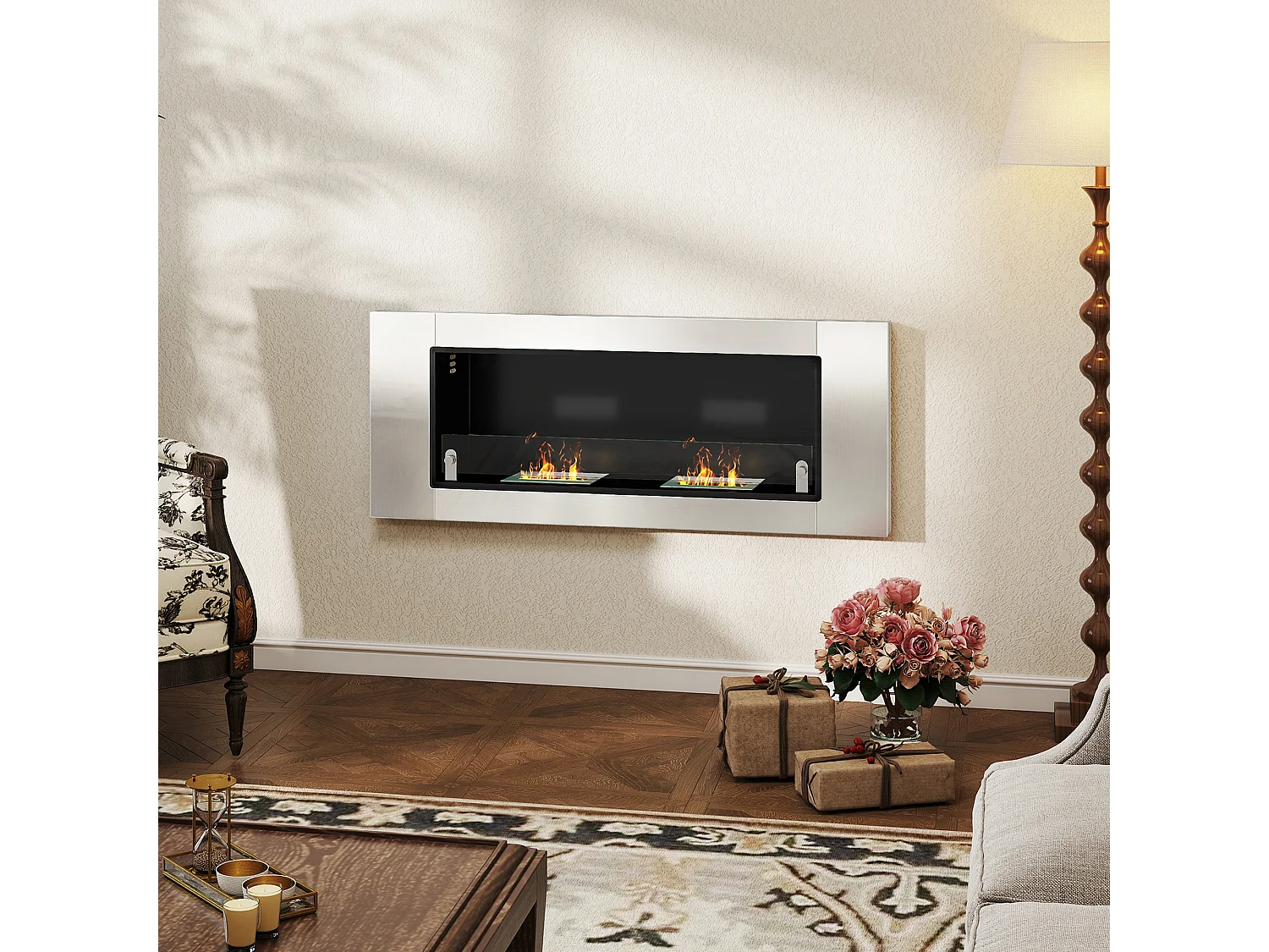 Camino a bioetanolo da parete con 3 serbatoi e coperchio argento nero