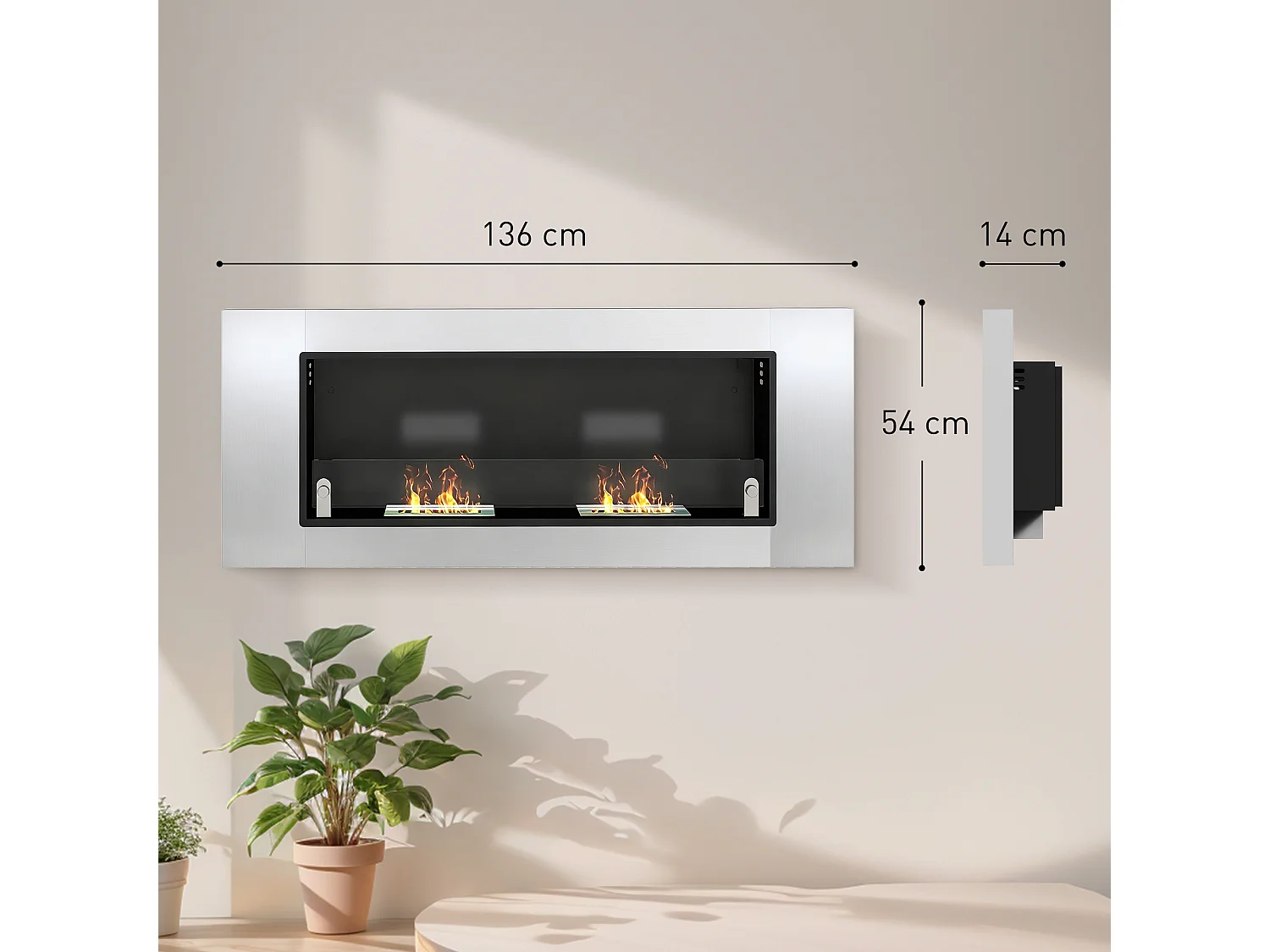 Camino a bioetanolo da parete con 3 serbatoi e coperchio argento nero