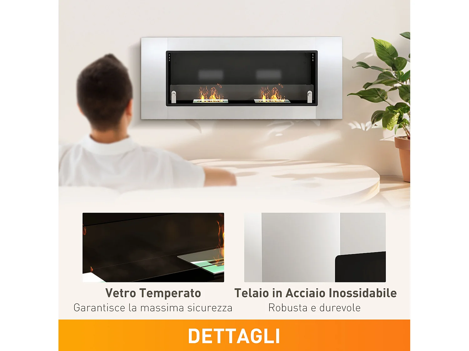 Camino a bioetanolo da parete con 3 serbatoi e coperchio argento nero