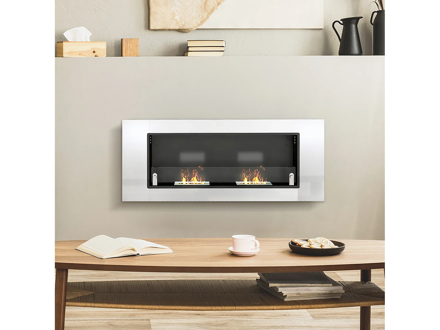 Camino a bioetanolo da parete con 3 serbatoi e coperchio argento nero