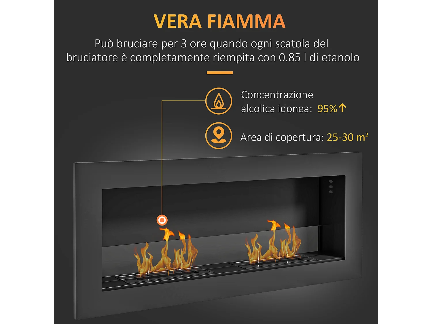 Camino bioetanolo a incasso con 2 bruciatori 0.85 litri durata 3 ore