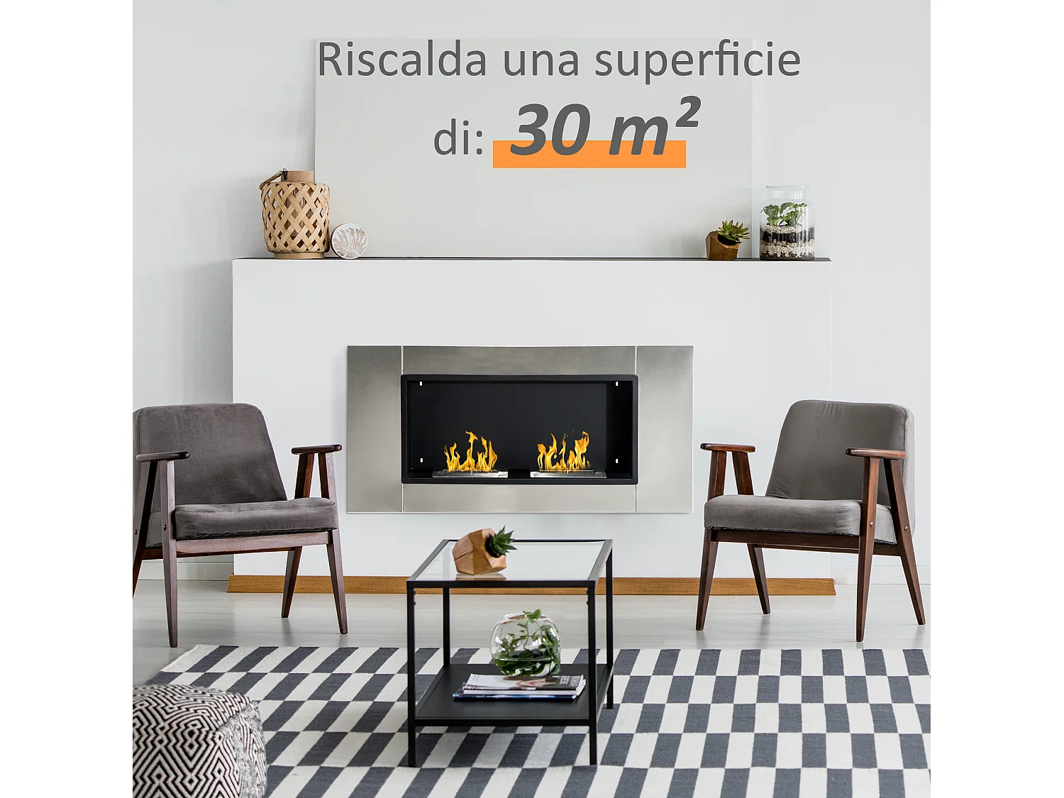 Camino a bioetanolo da parete 4400W con 2 bruciatori in acciaio inox