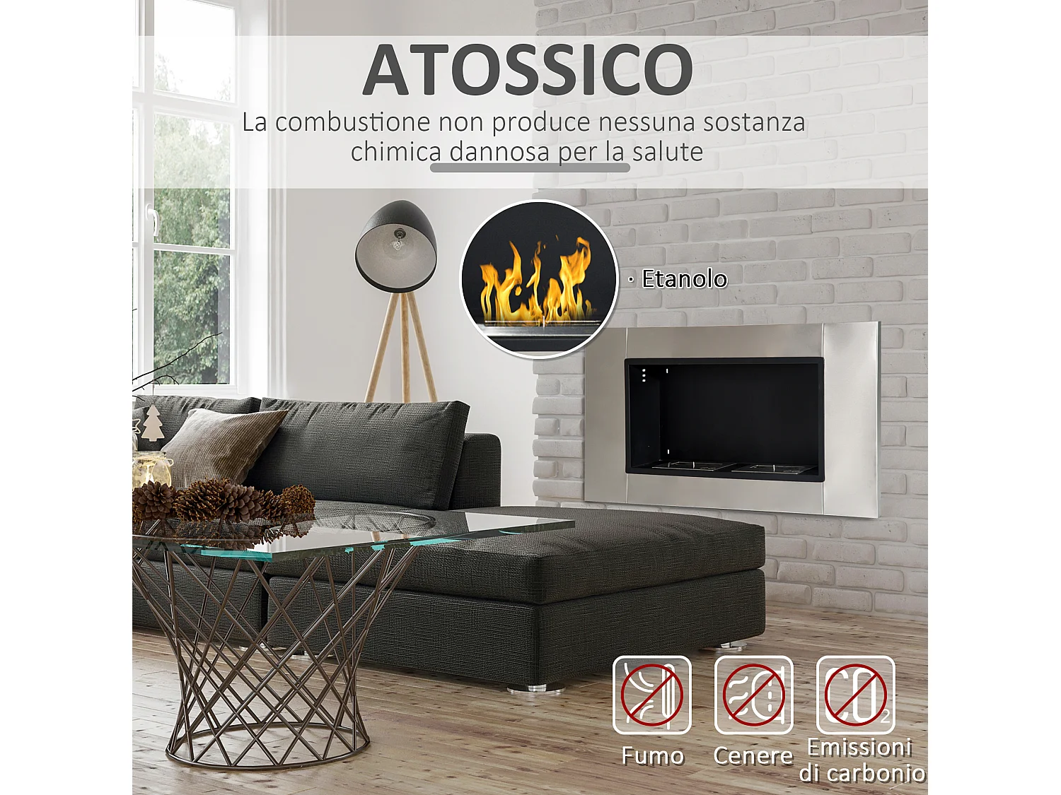 Camino a bioetanolo da parete 4400W con 2 bruciatori in acciaio inox