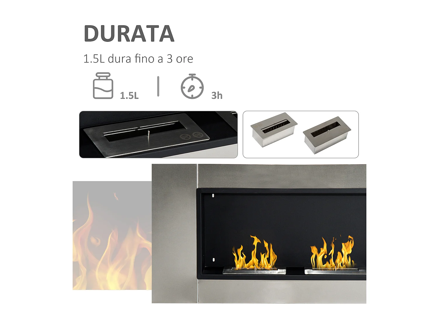 Camino a bioetanolo da parete 4400W con 2 bruciatori in acciaio inox