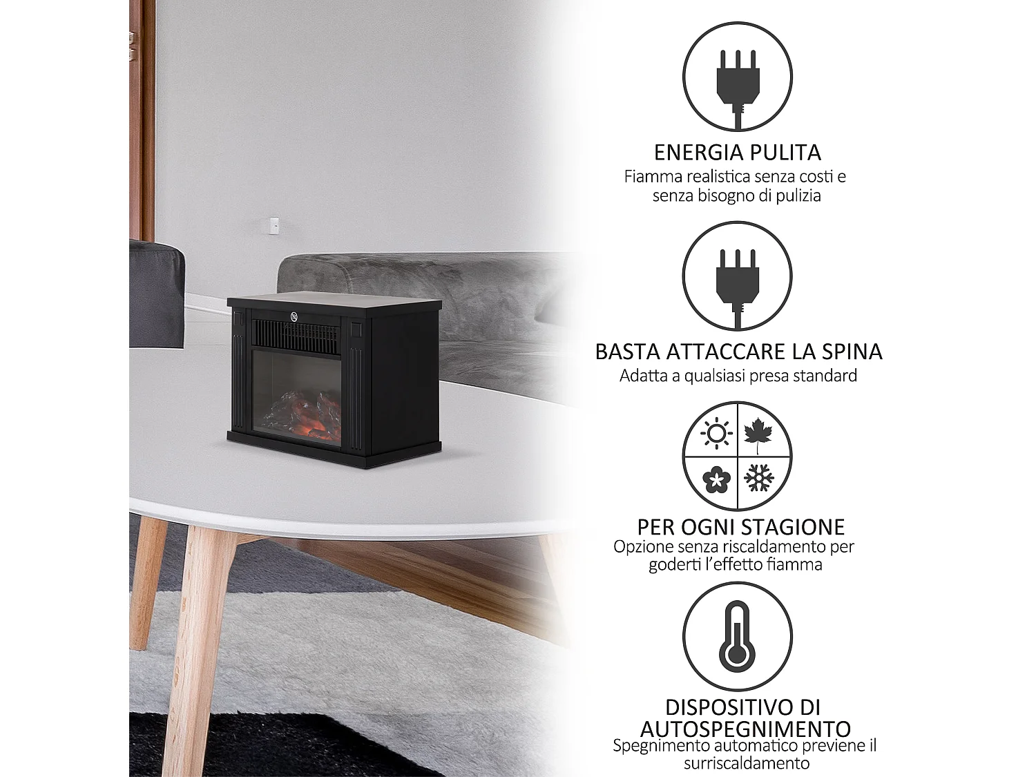 Camino elettrico da terra con effetto fiamma in plastica e vetro