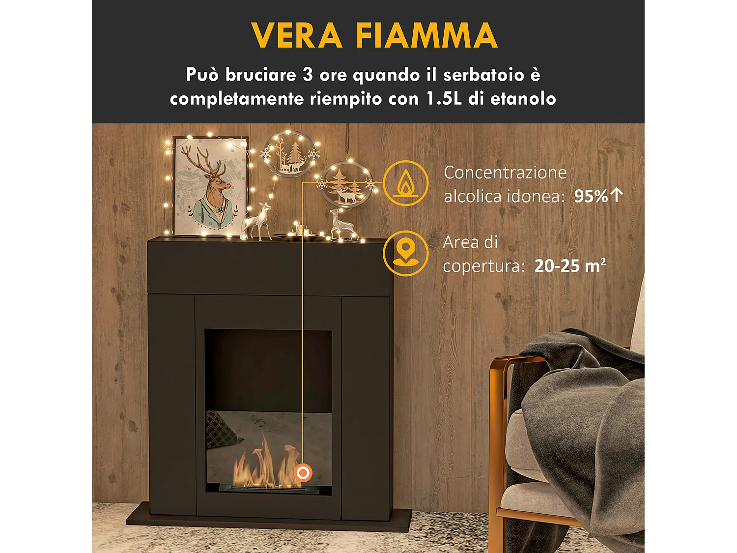 Camino bioetanolo moderno con bruciatore 0.9 litri durata 3 ore nero