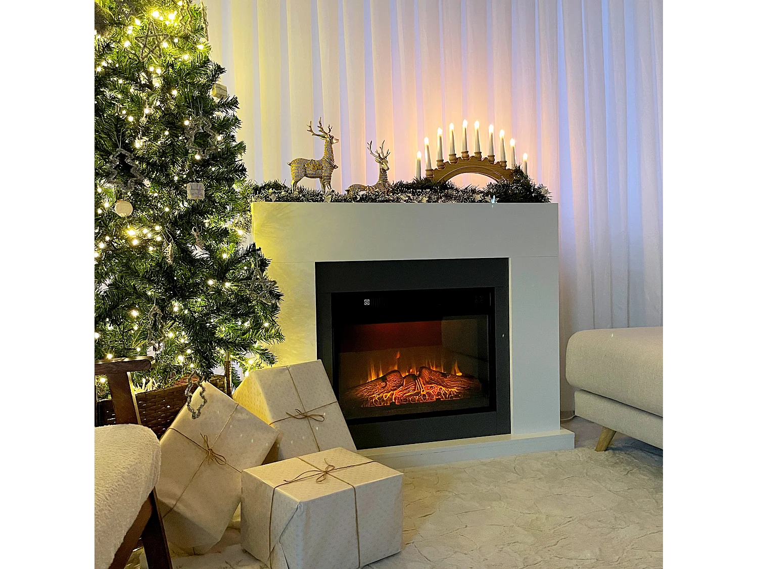 Camino elettrico a parete effetto fiamma copertura 37m² bianco