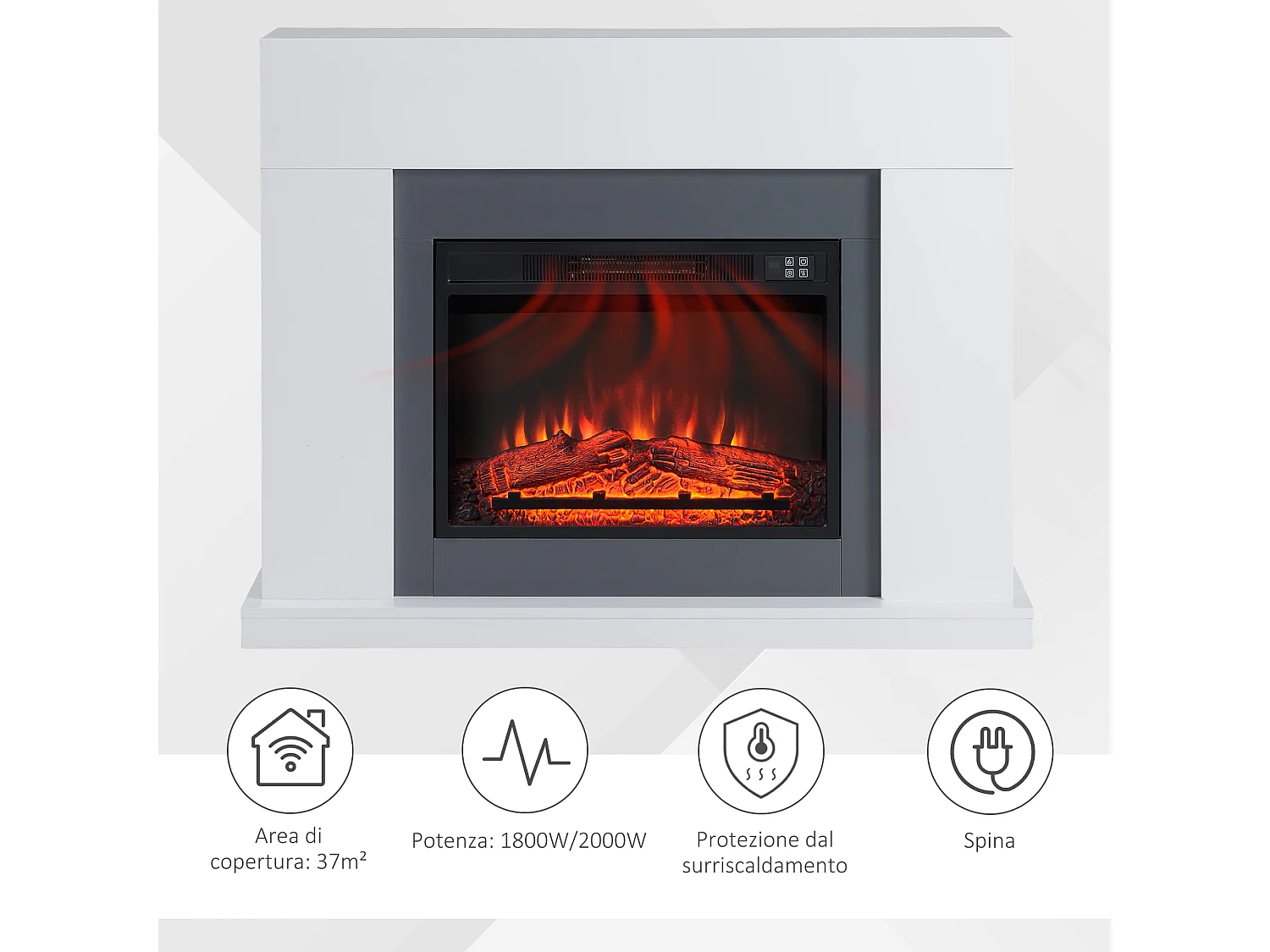 Camino elettrico a parete effetto fiamma copertura 37m² bianco