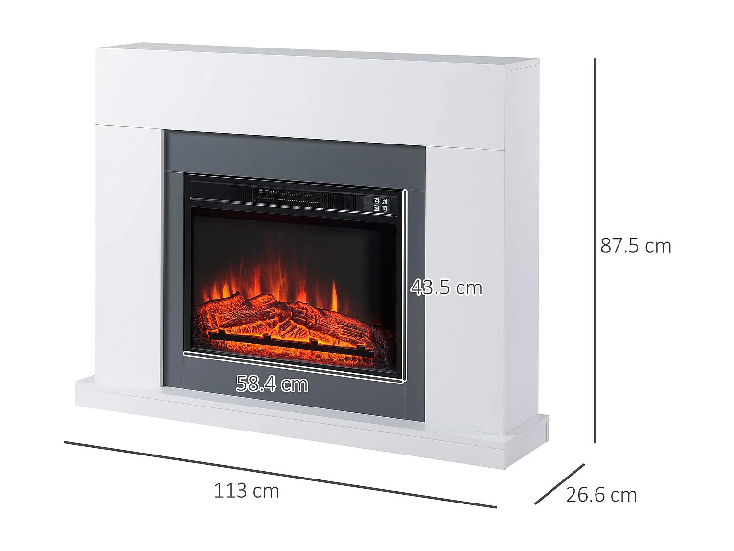 Camino elettrico a parete effetto fiamma copertura 37m² bianco