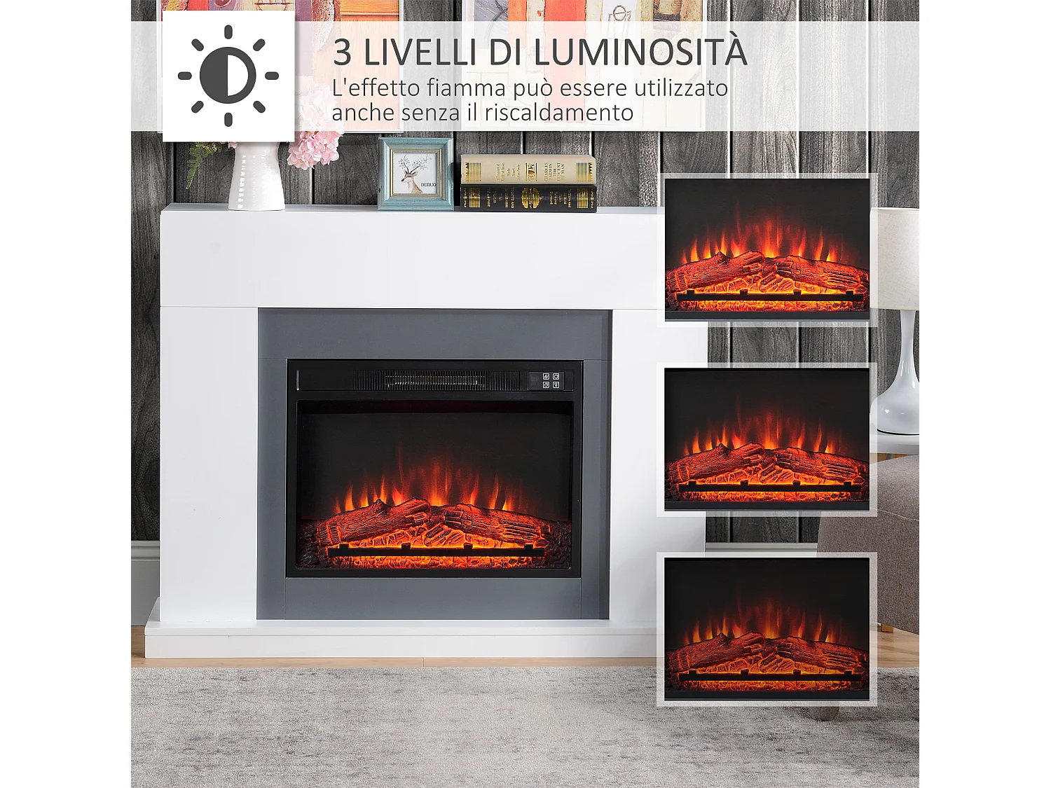 Camino elettrico a parete effetto fiamma copertura 37m² bianco
