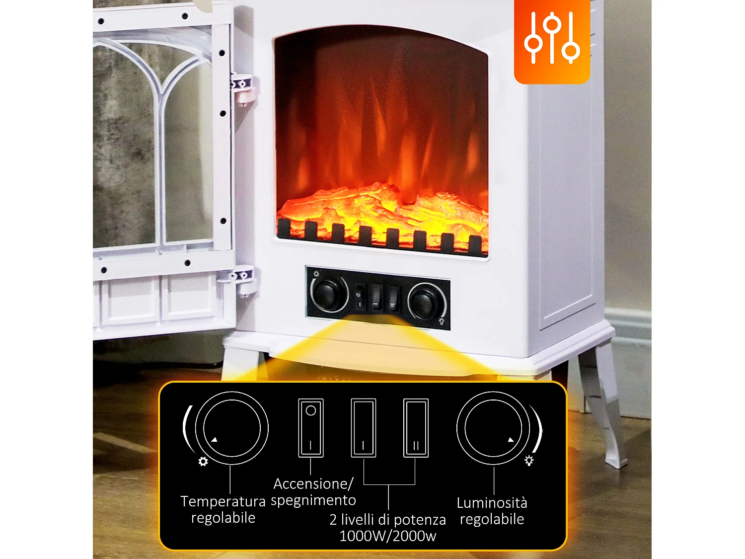 Camino elettrico da 1000W 2000W con effetto fiamma regolabile bianco