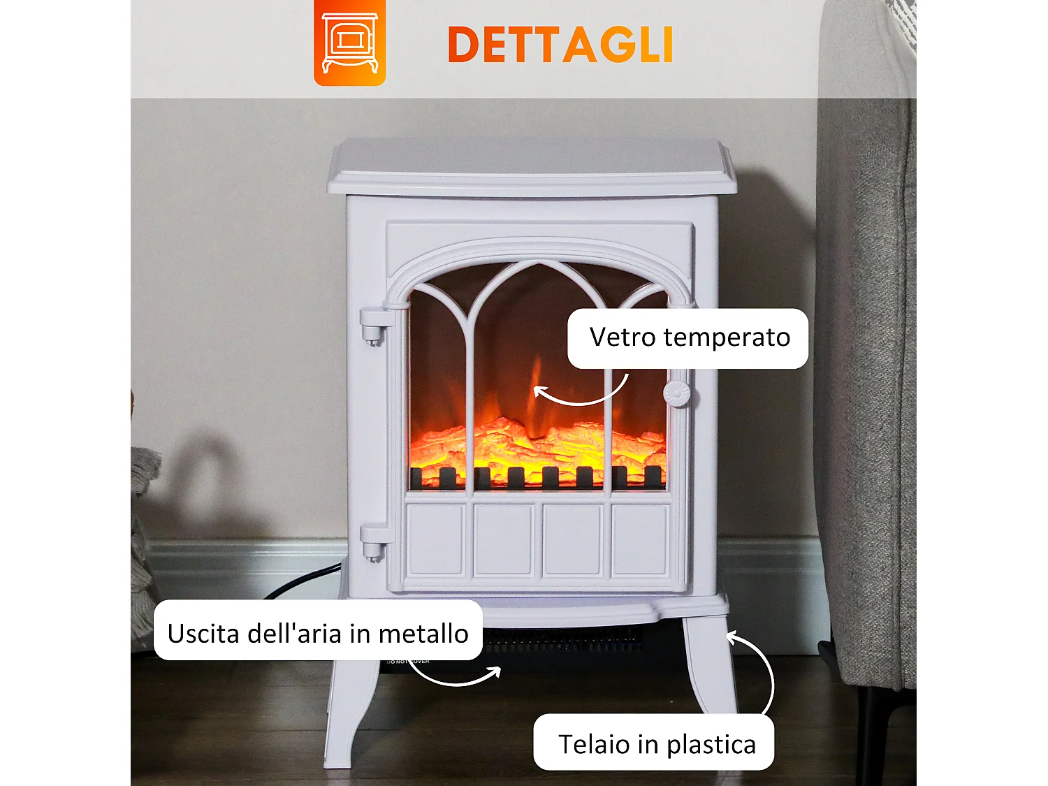 Camino elettrico da 1000W 2000W con effetto fiamma regolabile bianco