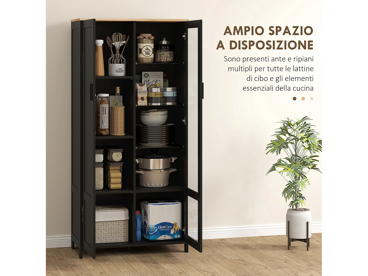 Mobile dispensa cucina a 9 ripiani regolabili color legno e nero