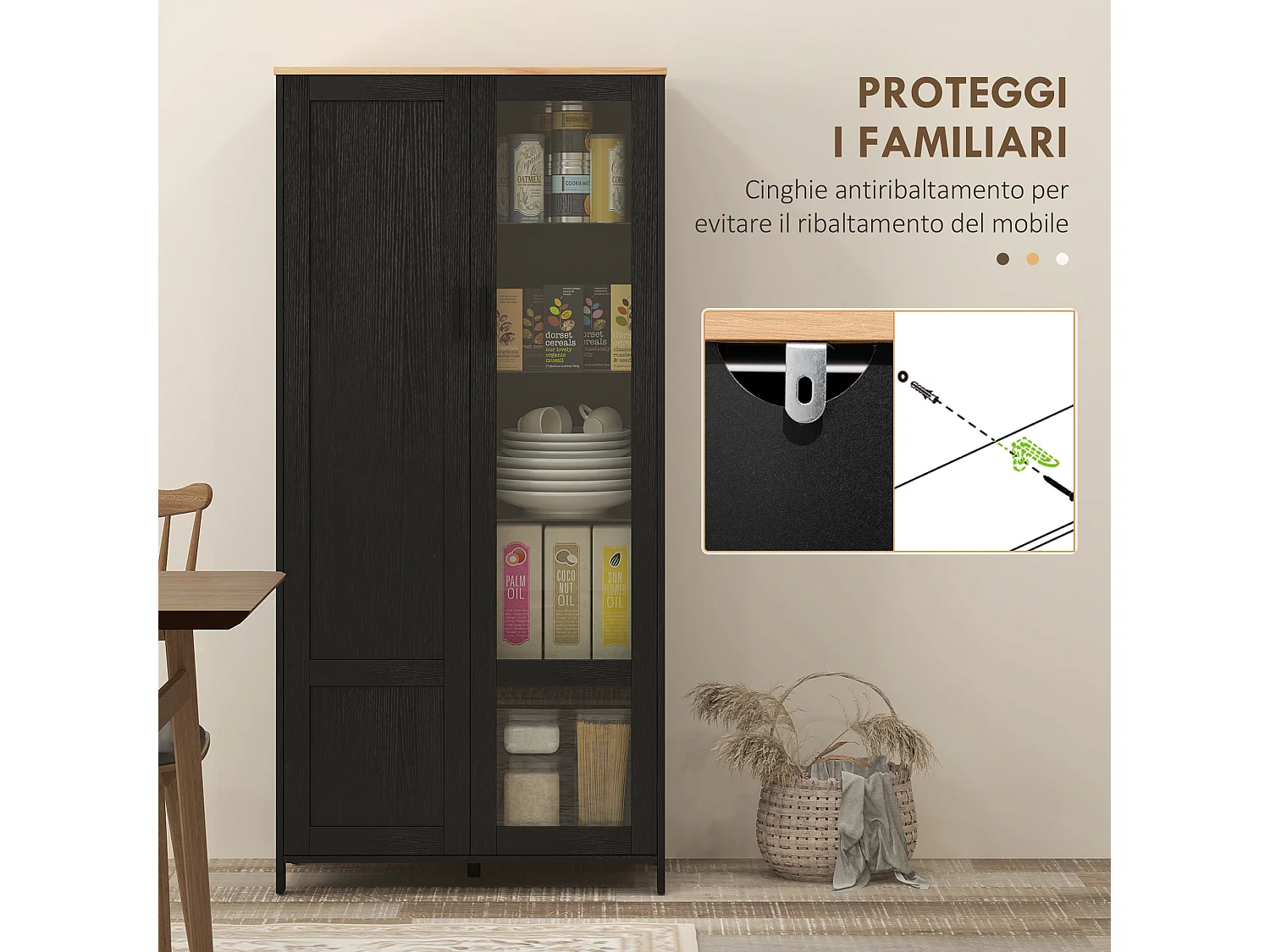 Mobile dispensa cucina a 9 ripiani regolabili color legno e nero