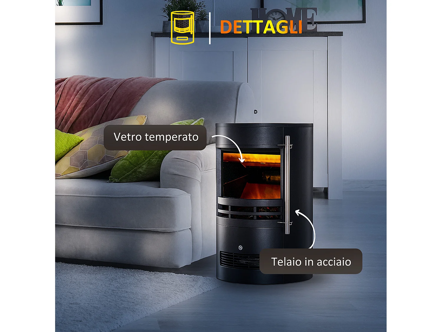 Caminetto elettrico da terra moderno con effetto fiamma