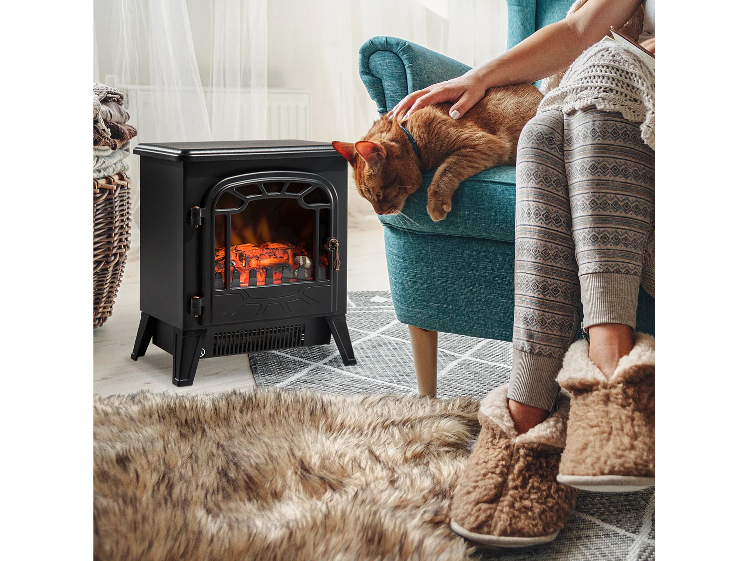 Caminetto elettrico da terra con effetto fiamma moderno nero