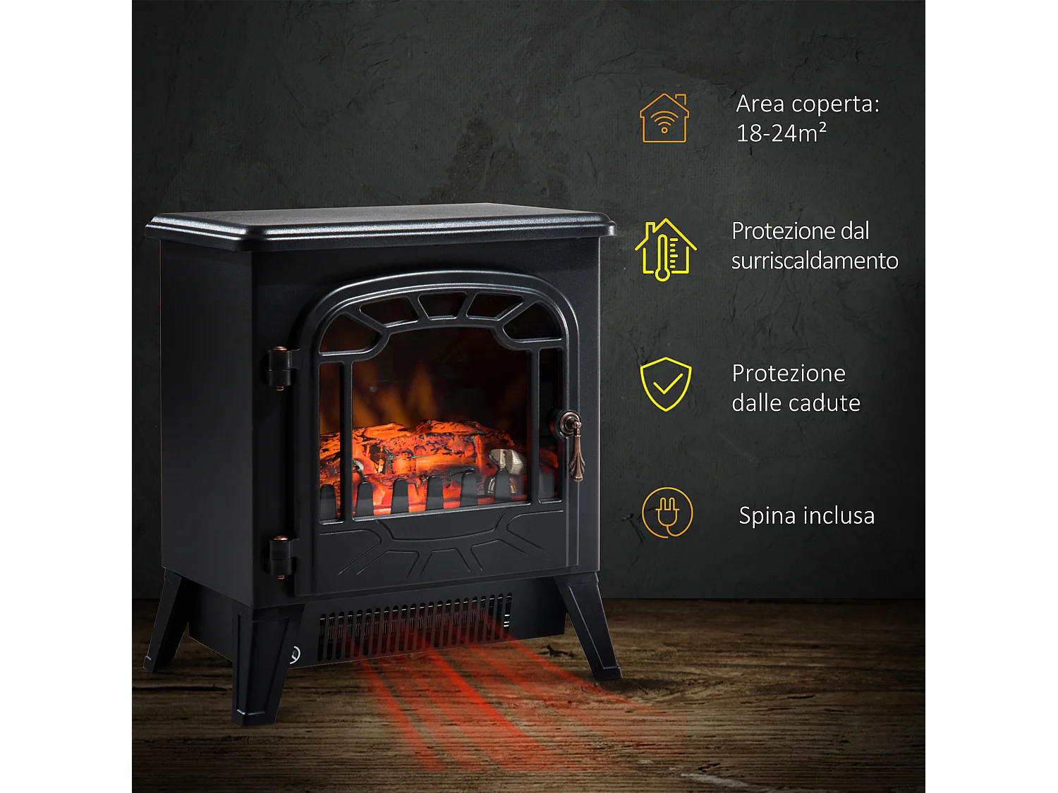 Caminetto elettrico da terra con effetto fiamma moderno nero