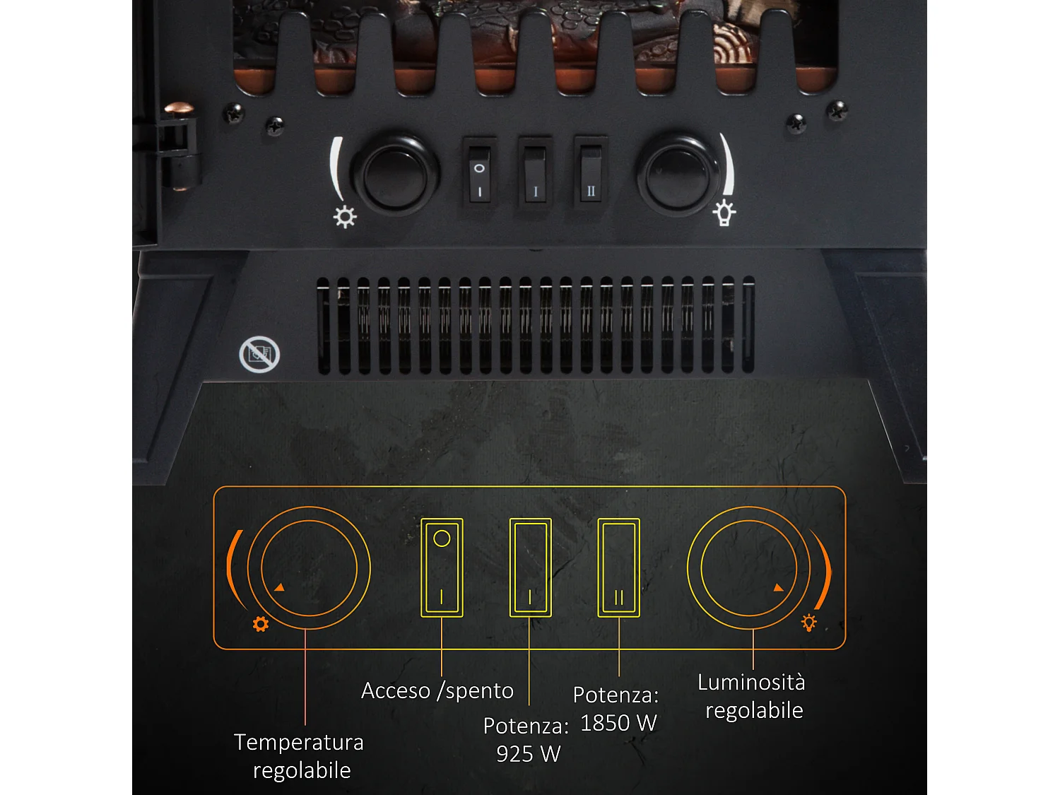Caminetto elettrico da terra con effetto fiamma moderno nero