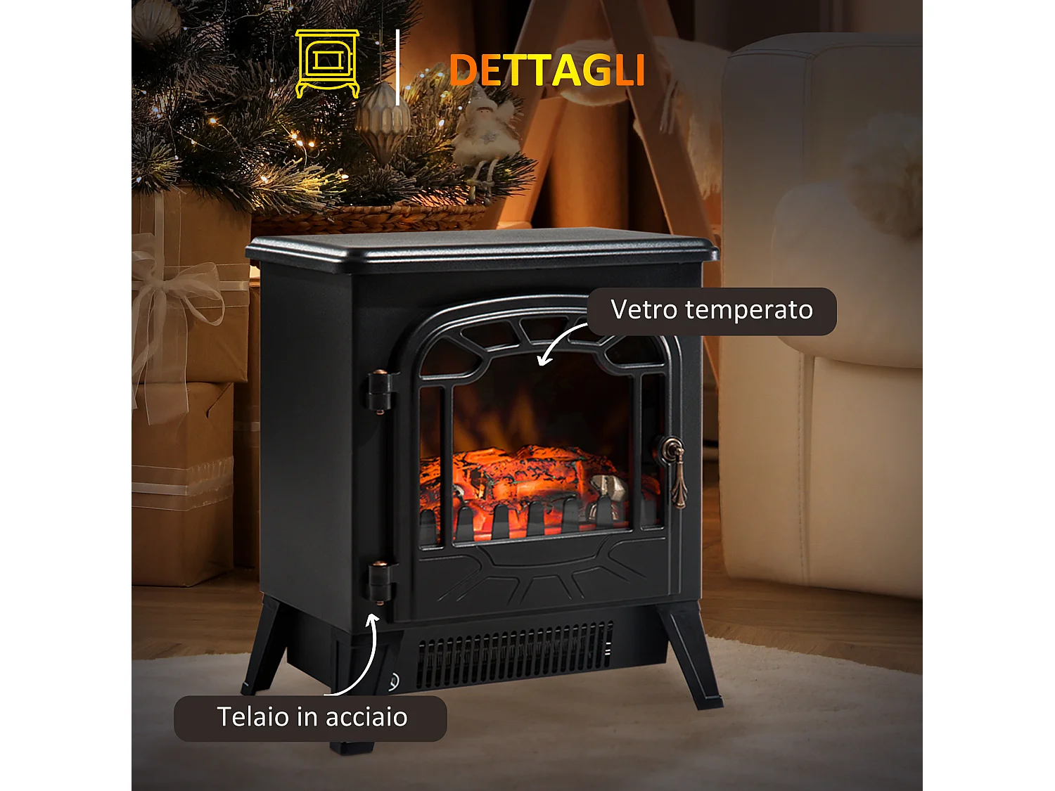 Caminetto elettrico da terra con effetto fiamma moderno nero