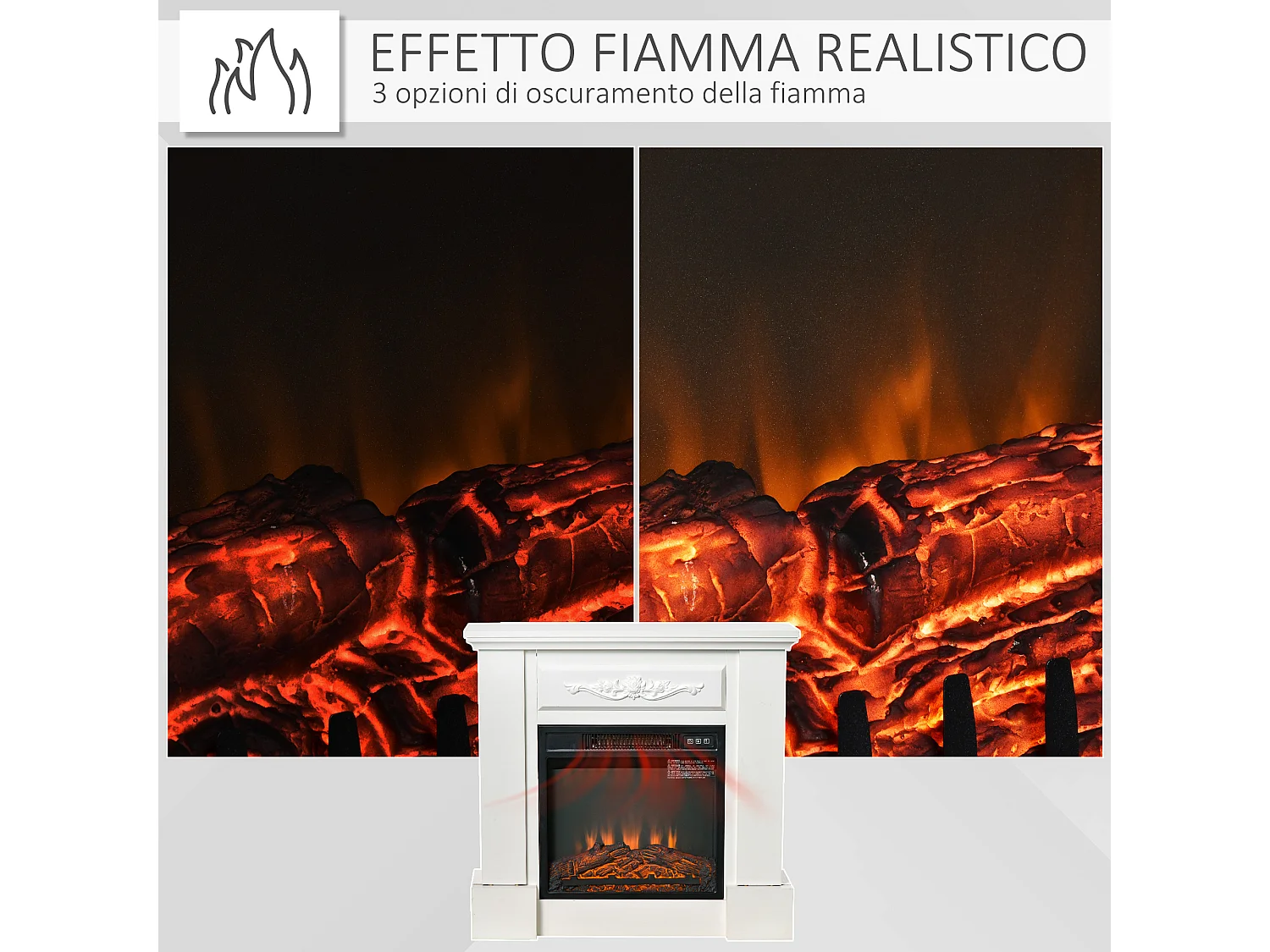 Camino elettrico con effetto fiamma, telecomando e timer bianco